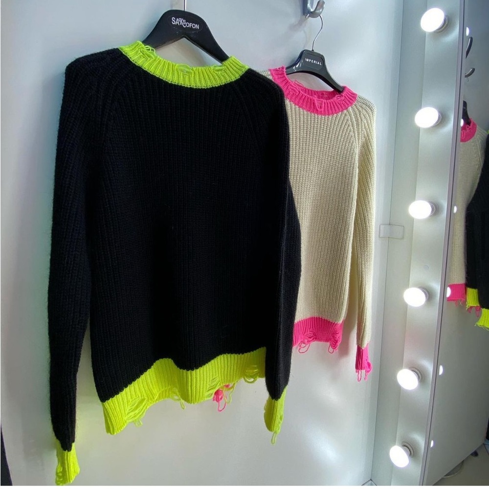Black with neon yellow sweater . Made in Italy. Size 4-6. Very stylish. 50% wool